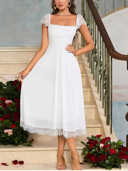 NewAsia Lace Square Neck Chiffon Midi Dress Backless Tie Up A-line Fashion Casual Beach Long Dresses New Arrival White