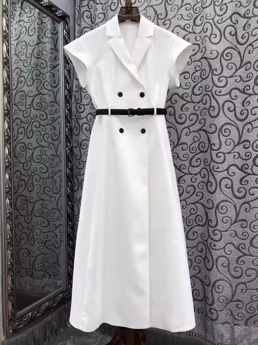 Newest Fashion Summer Dress 2025 High Quality Ladies Turn-down Collar Pocket Patchwork Short Sleeve Elegant Long White Dress OL