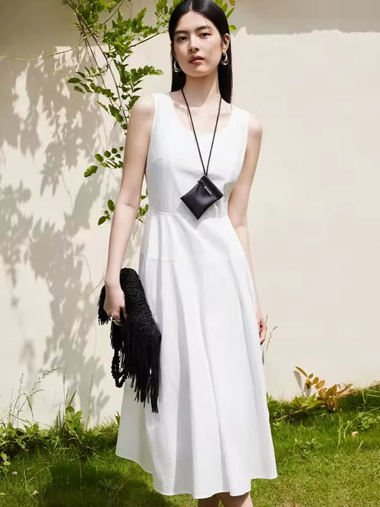 DUSHU White Sleeveless Women Summer Long Dress Cotton Blend Simple Temperament Blue Office Lady Big Hem Dress 24DS82849