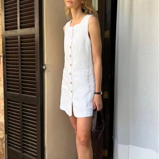 100% Linen Summer Women Dress 2025 New French Square Neck Single-Breasted White Dress Casual Vacation Short Dresses Vestidos