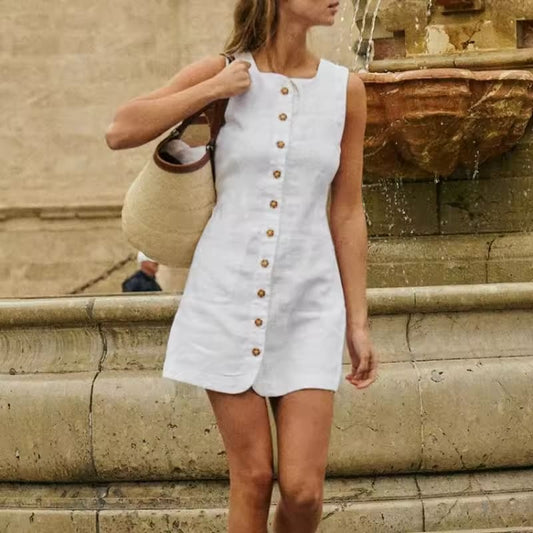 100% Linen Summer Women Dress 2025 New French Square Neck Single-Breasted White Dress Casual Vacation Short Dresses Vestidos