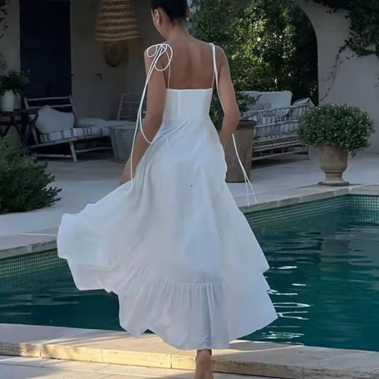 DUOPERI Women Fashion Summer Solid White Tiered Long Camisole Dress High Waist Combed Cotton Female Chic Lady Party Midi Dress